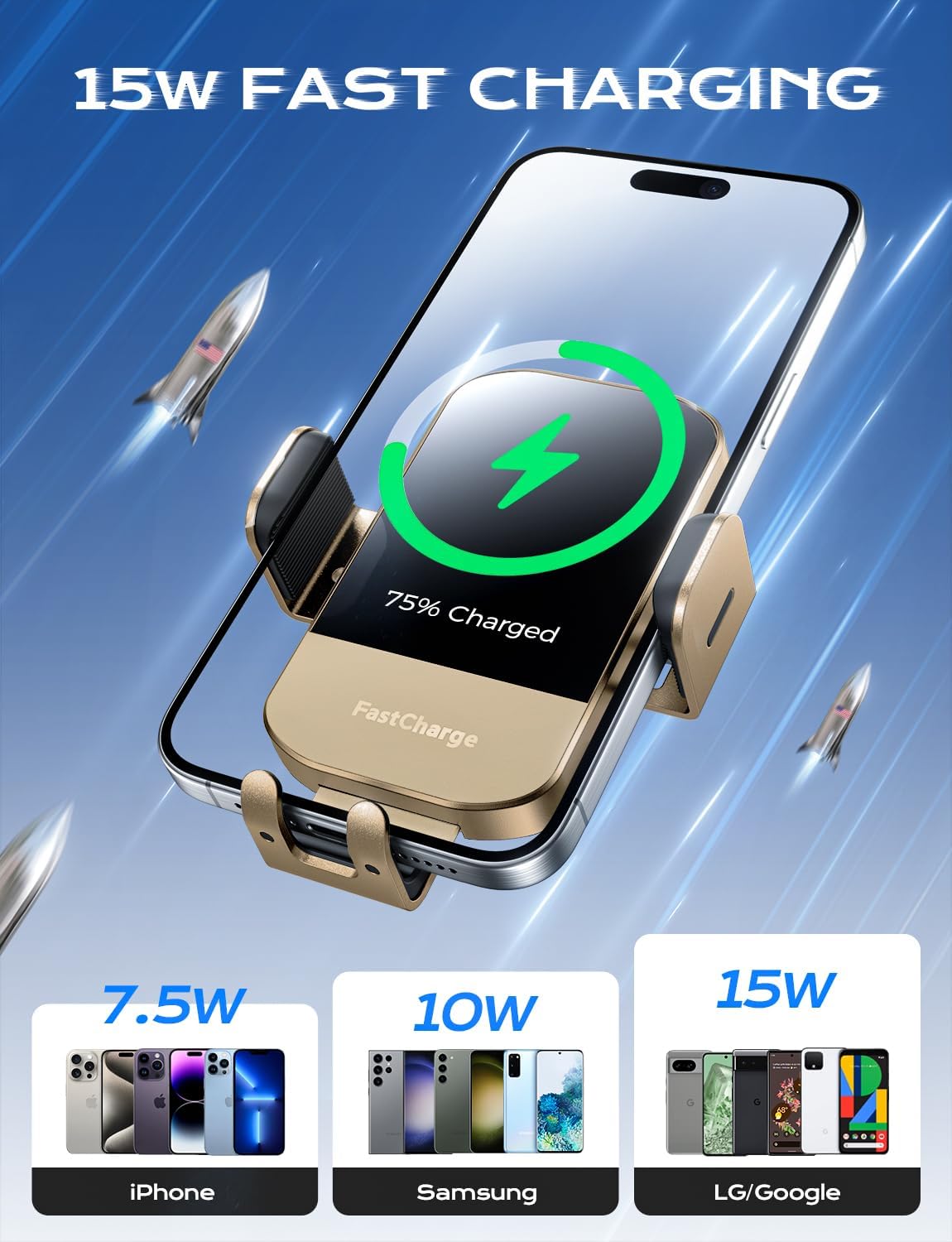 Chargeur Voiture 15 W Auto‑Clamp – Support Qi pour Téléphone