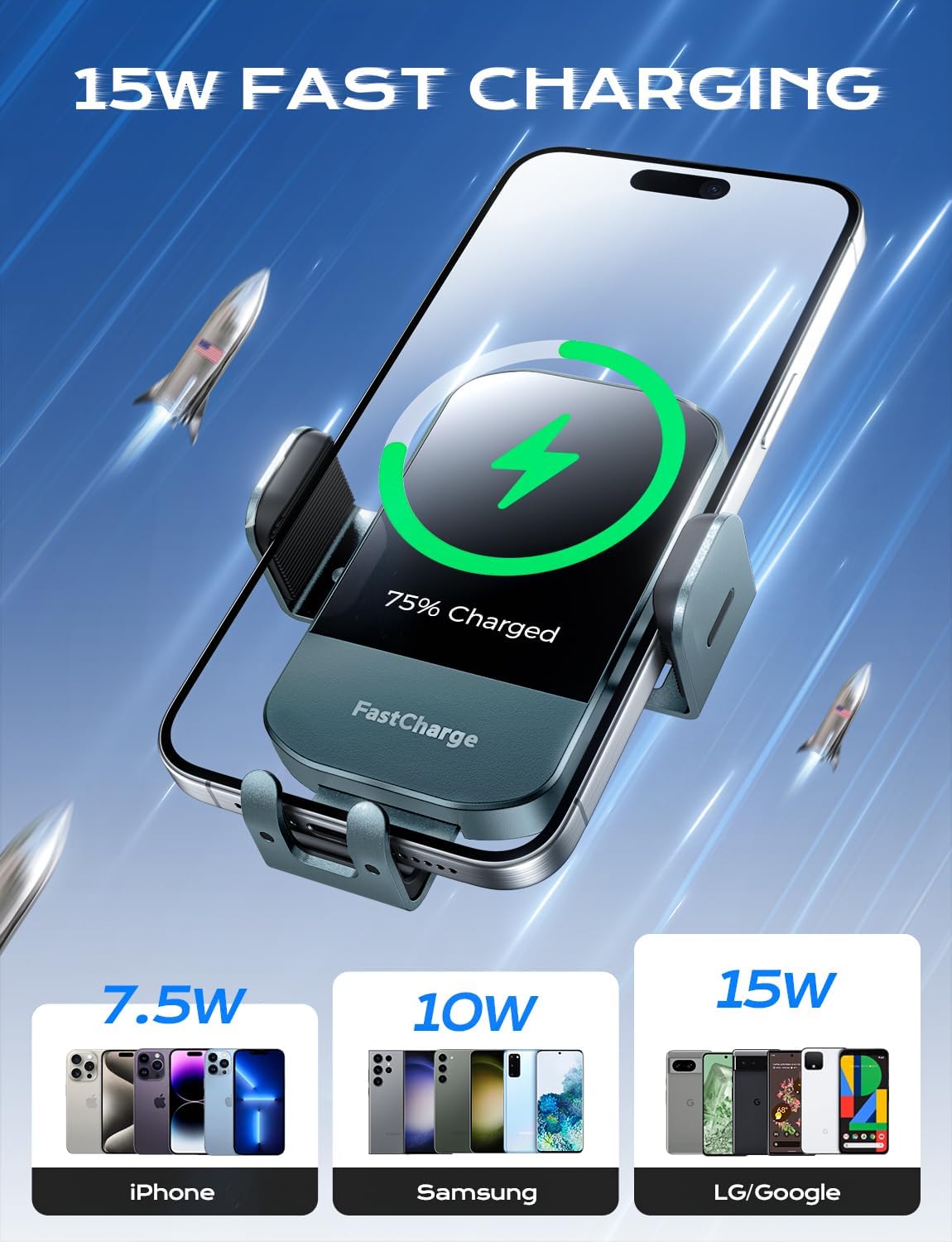 Chargeur Voiture 15 W Auto‑Clamp – Support Qi pour Téléphone
