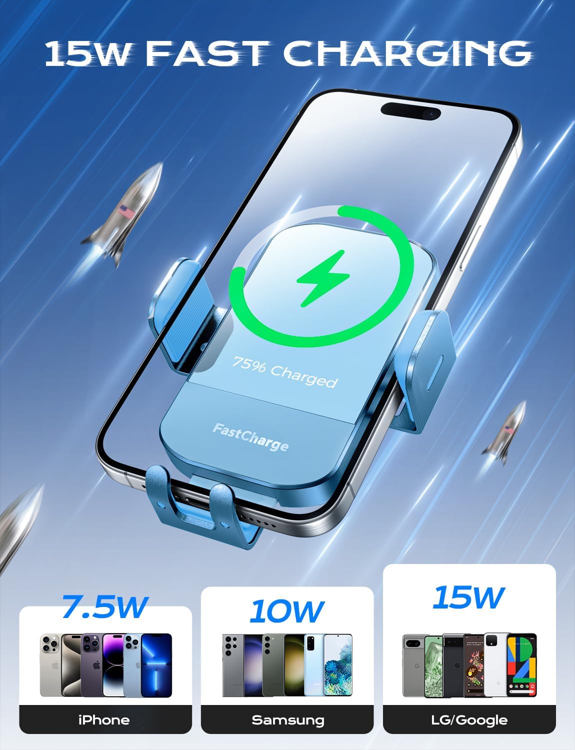 Chargeur Voiture 15 W Auto‑Clamp – Support Qi pour Téléphone