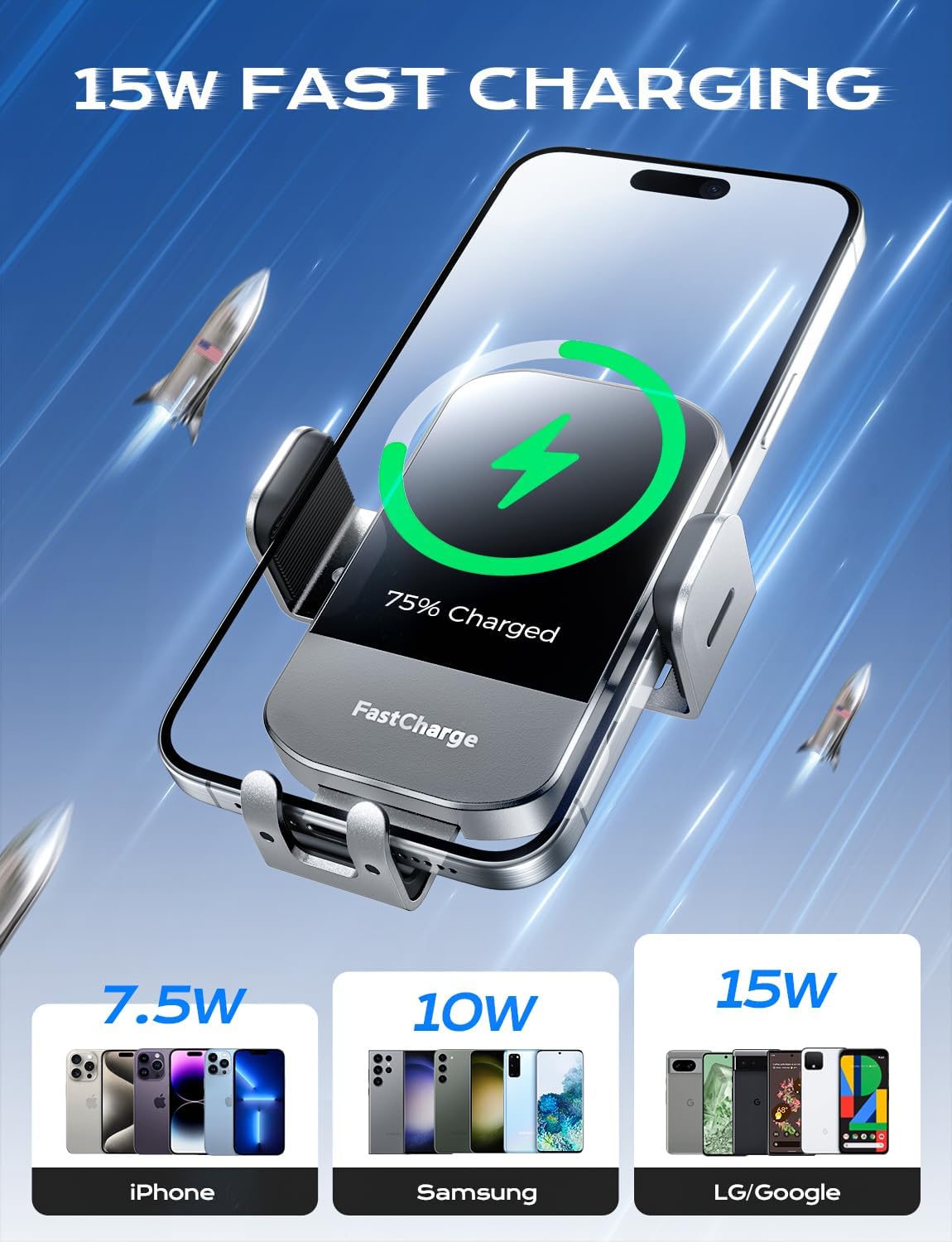 Chargeur Voiture 15 W Auto‑Clamp – Support Qi pour Téléphone