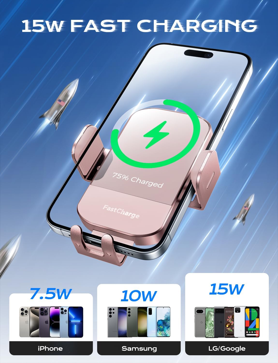 Chargeur Voiture 15 W Auto‑Clamp – Support Qi pour Téléphone