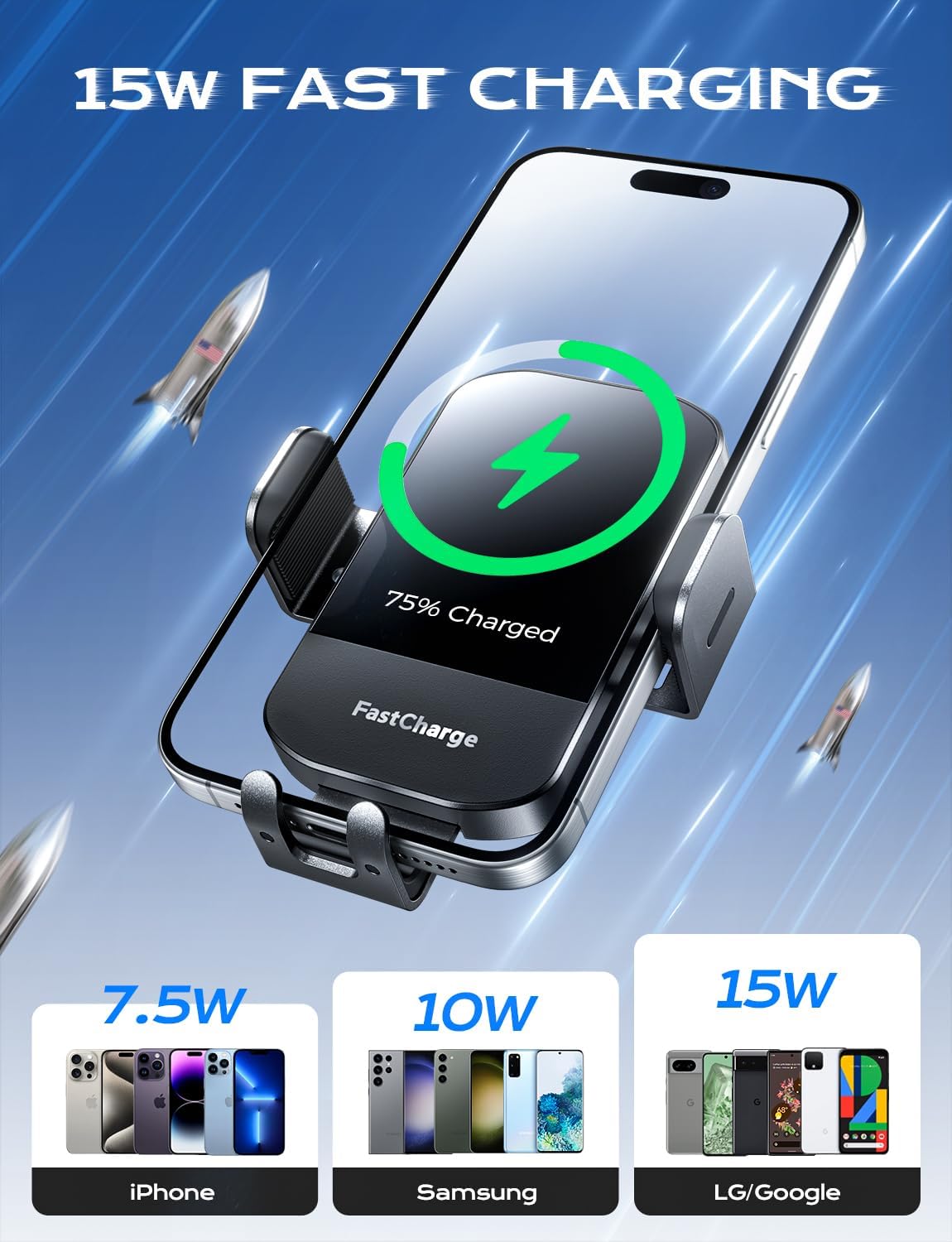 Chargeur Voiture 15 W Auto‑Clamp – Support Qi pour Téléphone