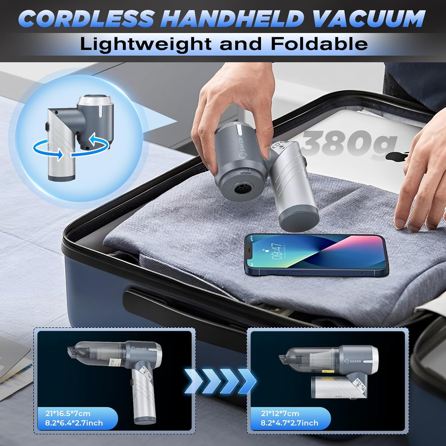 Aspirateur portable pour voiture – Léger, pliable, aspiration puissante en un seul clic