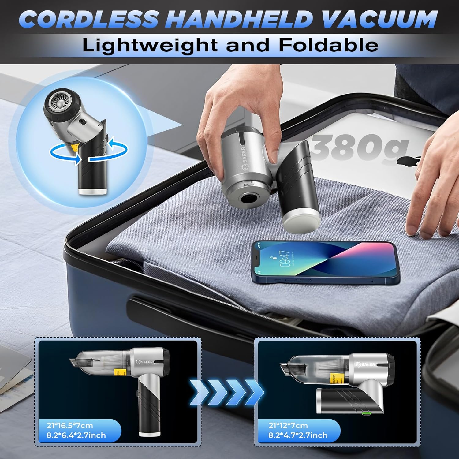Aspirateur portable pour voiture – Léger, pliable, aspiration puissante en un seul clic