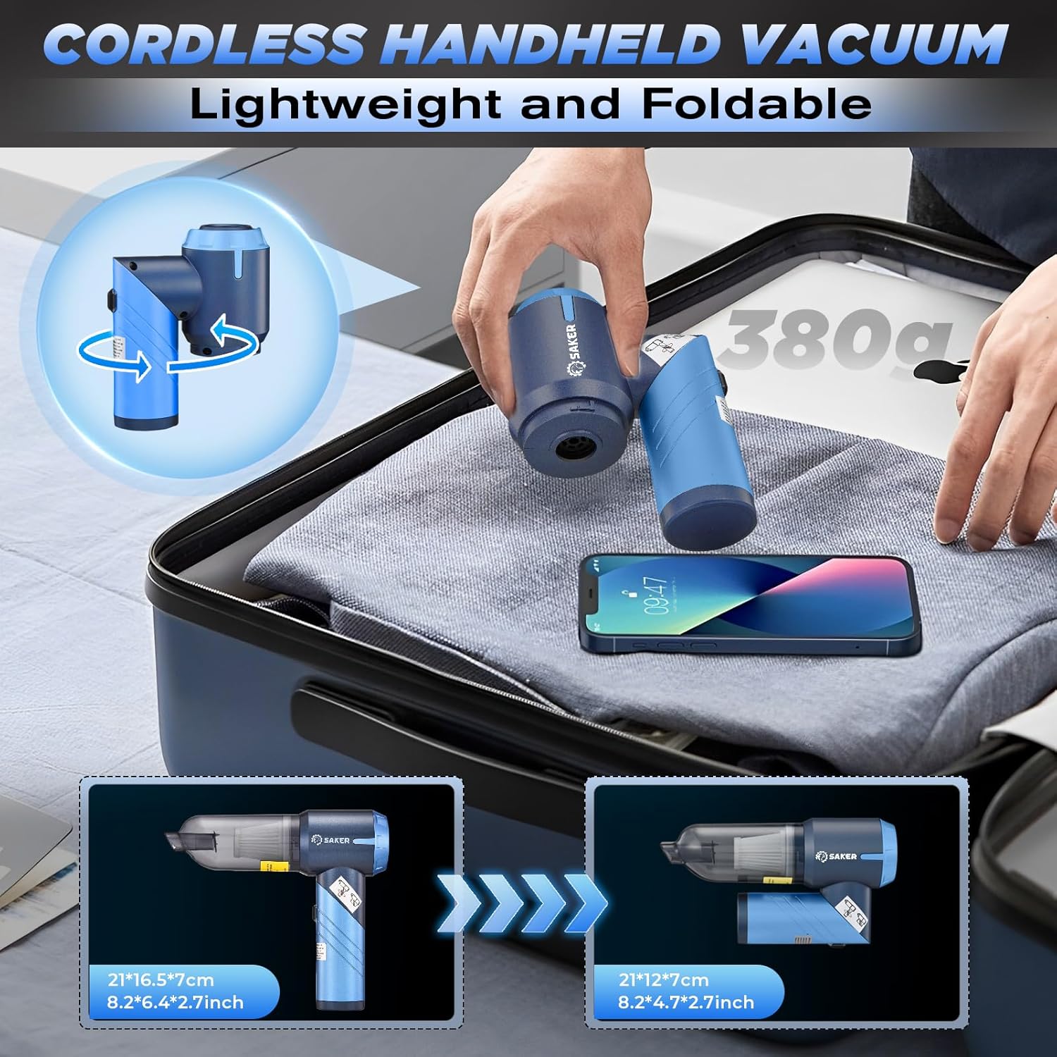 Aspirateur portable pour voiture – Léger, pliable, aspiration puissante en un seul clic